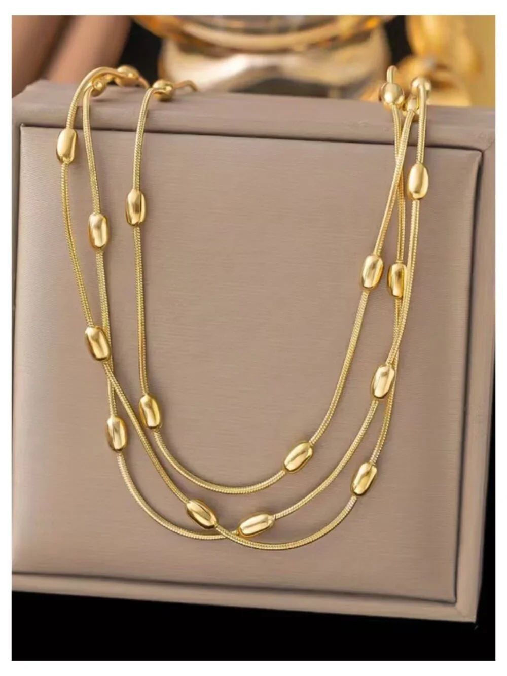 NWT 18K Yellow Gold Plated Long Wrap Beaded Snake Chain Necklace Stainless Steel
